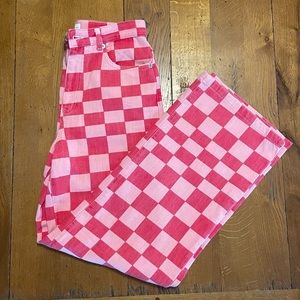 Pink checkered wide leg jeans